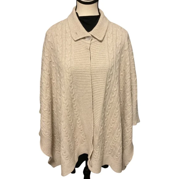 MARINA RINALDI, Beige cashmere/wool blend cableknit wrap Poncho O/S - Picture 7 of 12